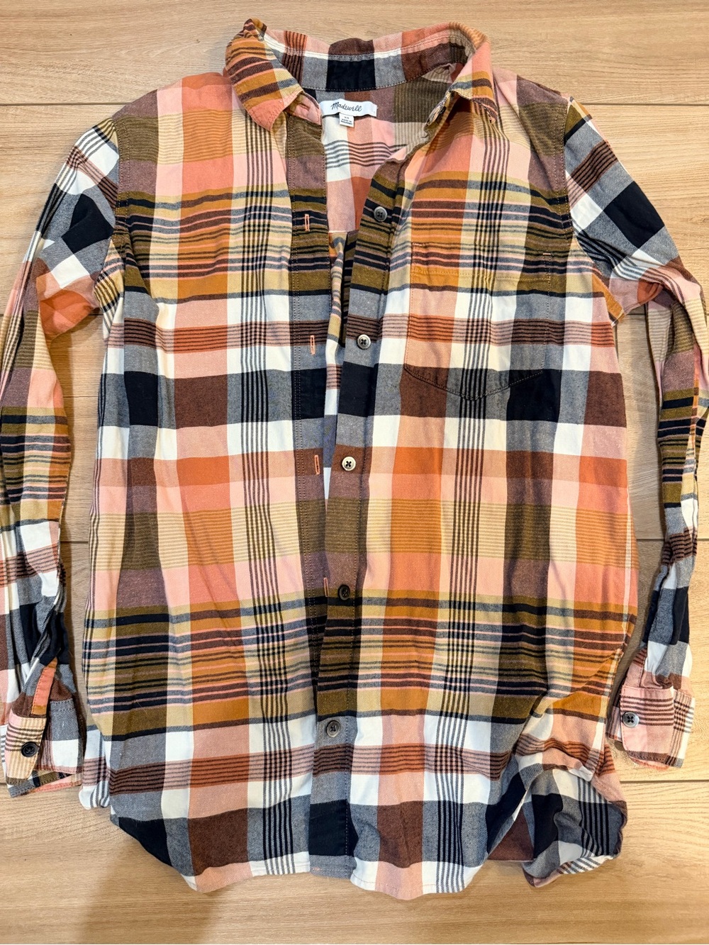 Madewell Plaid Button-Down Shirt in Orange, Brown, Black and White